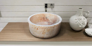 Stone sink beige travertine self-rimming bathroom basin on wood vanity