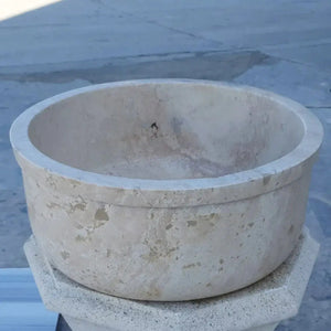 Villohome natural beige travertine bathroom sink, round self-rimming basin.