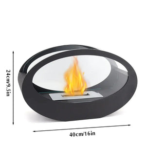 16x9.5-inch black metal tabletop fireplace with a glass mirror top and visible flame.