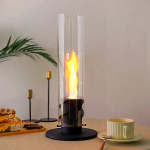 17''H Clean-Burning Bio Ethanol Ventless Fireplace by JHY DESIGN, glass cylinder with black base.