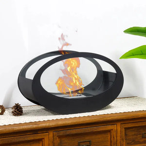 Black metal tabletop fireplace with circular ring design, JHY DESIGN gel/ethanol unit