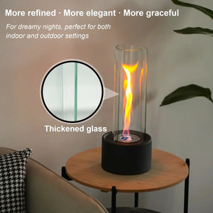 JHY DESIGN cylindrical bioethanol vented-free fireplace with thickened glass and black base, indoor fireplace