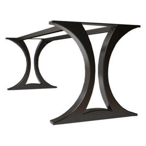 Modern matte black metal dining table base with twin curved arches for heavy table tops.