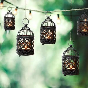 Set of 6 black metal hanging birdcage tealight lanterns