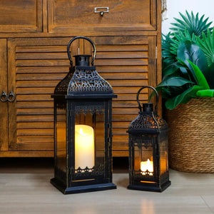 Set of 2 candle lanterns in black with gold-brush finish, 13in and 19.5in tall, JHY DESIGN
