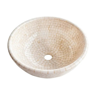 Round vanity vessel sink in Botticino marble mosaic, beige semi-polished stone, 16-in diameter.