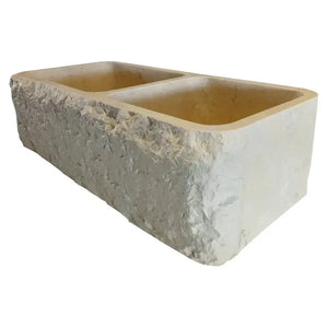 Villohome Botticino beige marble farmhouse double-basin sink with rugged exterior, 16W x 32L x 10H