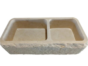 Botticino Beige Marble farmhouse double sink, two basins, beige stone with rough exterior edge