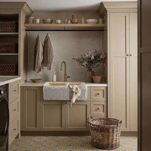 Botticino beige marble farmhouse apron-front double-bowl kitchen sink