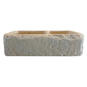Botticino beige marble farmhouse double sink, stone with rough exterior and two interior basins, 32x16x10 inches