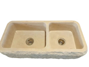 Botticino beige marble farmhouse kitchen double sink, 16W x 32L x 10H, stone dual basins
