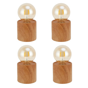 Set of 4 wood grain battery-operated table lamps (6.5-inch tall) with clear globe bulbs and wooden bases.