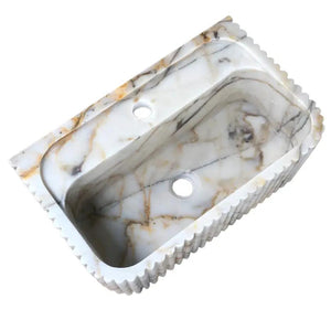 Calacatta Gold marble wall-mount vanity sink, fluted edge, white basin with gold veining, 18x36 in, Villohome