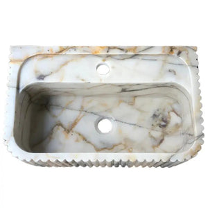 Calacatta Gold Marble Wall-Mount Vanity Sink with fluted edges, white/gold veined stone, 18x36x7 in.