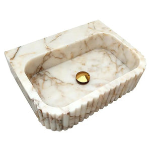 Calacatta Gold Marble Wall-Mount Vanity Sink; fluted white marble with gold veining, Villohome
