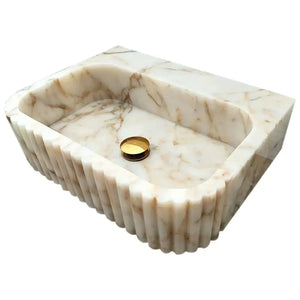 Calacatta Gold marble wall-mount vanity sink with fluted exterior, Villohome, 20x16x6 in
