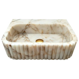 Villohome Calacatta Gold marble wall-mount bathroom vanity sink, fluted exterior, 16x20x6 in
