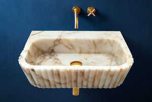 Villohome Calacatta Gold marble wall-mount bathroom vanity sink, fluted edges, 16x20 inches, brass fixtures