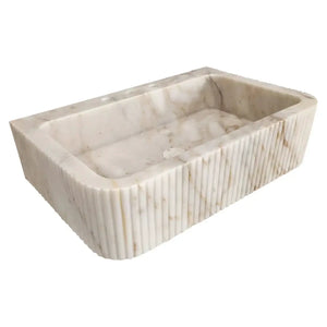 Villohome Calacatta Gold marble wall-mount bathroom vanity sink with fluted exterior, white with gold veining.