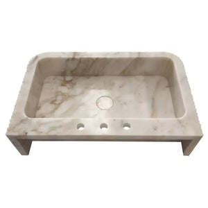 Villohome Calacatta Gold marble wall-mount bathroom vanity sink with fluted edges and three faucet holes