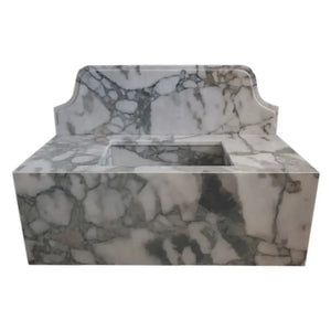 Calacatta Verde marble rectangular wall-mount bathroom sink by Villohome with 10-inch backsplash, 16W x 34L x 12H.