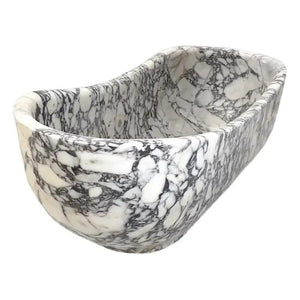 Calacatta Viola freestanding marble bathtub, hand-carved from solid block with white and gray veining