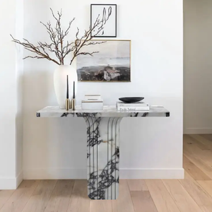 Calacatta Viola marble console table by Villohome, polished white with gray veining, 40 in L x 15 in W x 32 in H