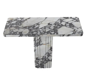 Villohome Calacatta Viola marble console table, polished finish, 40in L x 15in W x 32in H with pedestal leg.