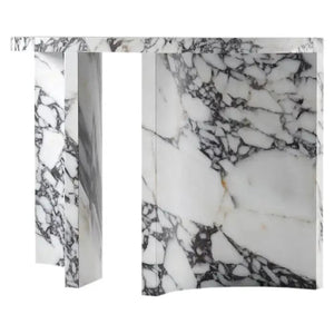 Console table in Calacatta Viola marble with arched legs and polished finish