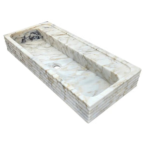 Calacatta Viola gold marble wall-mount bathroom sink by Villohome, horizontal fluted, 36-inch wide.