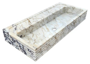 Calacatta Viola gold marble wall-mount bathroom sink, horizontal fluted design, 36-inch wide