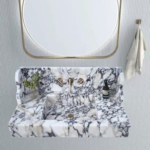 Villohome Calacatta Viola marble wall-mounted bathroom sink with 10-inch backsplash, white with gray-veined marble.