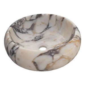 Calacatta Viola marble round bathroom sink, polished stone vanity vessel, 16-inch diameter.
