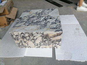 Calacatta Viola marble rectangular coffee table block by Villohome, 24x24x12 inches.