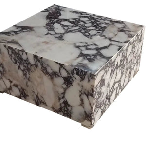 Calacatta Viola marble rectangular coffee table, Villohome block prism design in white with dark veining.
