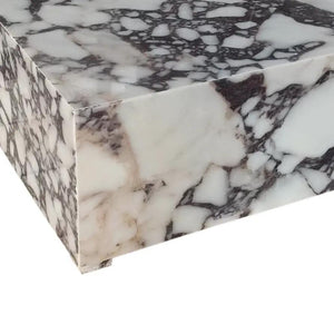 Calacatta Viola marble rectangular coffee table with white surface and dark gray veining, prism block design.