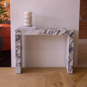 Calacatta Viola marble console table by Villohome, polished, 40in L x 12in W x 30in H, white with purple veining.