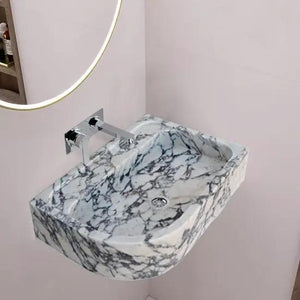Villohome Calacatta Viola marble wall-mount rectangular corner sink, white with dark gray veining, 24x16 in