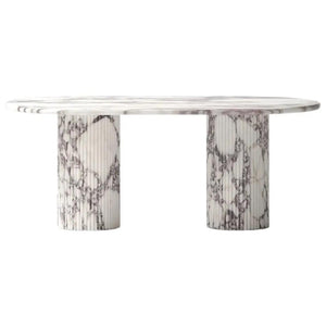 Calacatta Viola marble oval dining table by Villohome with fluted round legs