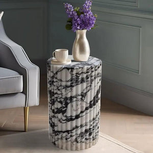 Calacatta Viola marble plinth side table, fluted and polished, 10x10x16 in