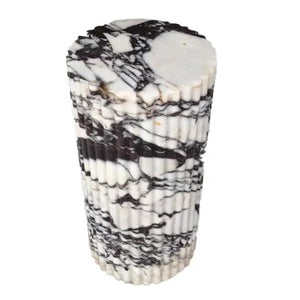 Calacatta Viola marble fluted plinth side table, polished white with dark veining
