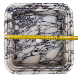 Calacatta Viola marble wall-mount square fluted bathroom sink with purple veining, Villohome, 16x16x6 inches