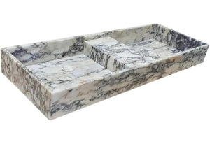 Calacatta Viola marble double bathroom sink by Villohome, polished white marble with gray veining, two basins.