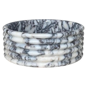 Calacatta Viola marble fluted above-vanity bathroom sink, polished round stone bowl by Villohome.