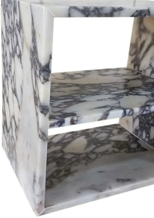 Calacatta Viola marble end table by Villohome, polished white with purple veining, 14W x 18L x 18H.