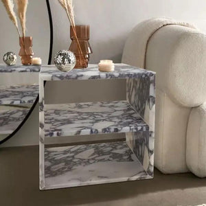 Calacatta Viola marble end/side table, polished, two-tier open cube shelves