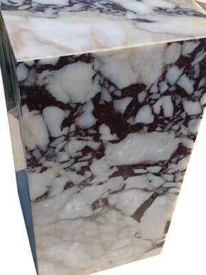 Villohome Calacatta Viola marble cube end table, polished plinth with white and dark veining, 14x14x24 in
