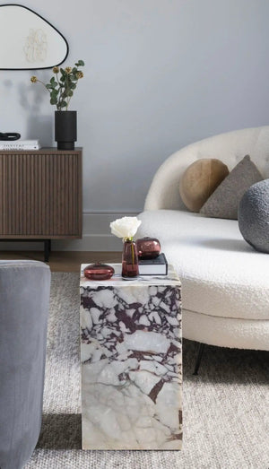 Villohome Calacatta Viola marble cube design end table, polished finish, 14x14x24 in