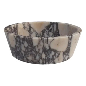 Calacatta Viola Marble vessel sink by Villohome, round above-counter bowl, white with dark gray veins, honed.