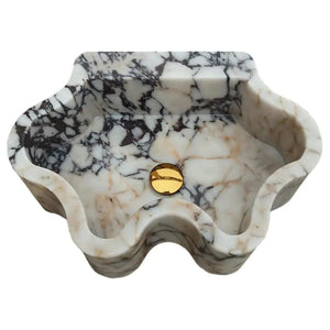 Villohome Calacatta Viola marble wall-mount bathroom sink with wavy edges, white with dark veining and gold drain